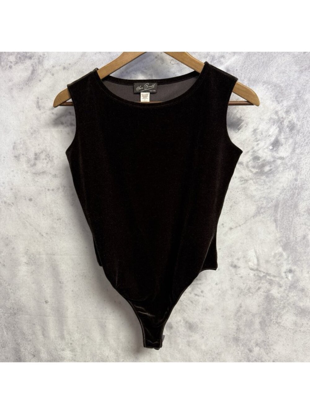 Vtg 90s Henri Bendel Velvet Bodysuit Brown Tank Thong Round Neck Hong Kong M